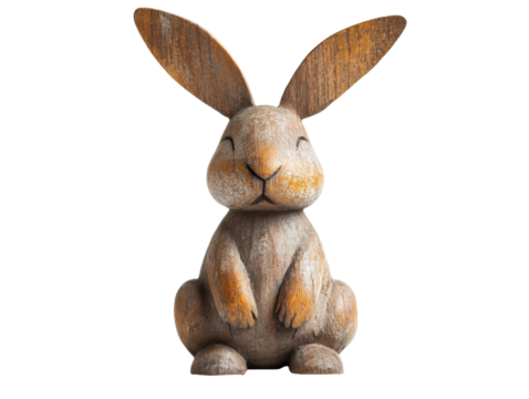 Wooden bunny sculpture with expressive features and natural texture  on transported background	