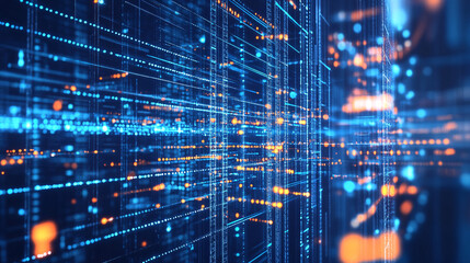 Obraz premium A high-tech abstract 3D grid with glowing blue and orange light trails creating a futuristic perspective of data and information flow
