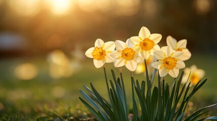 Golden Hour Daffodils Basking In Sunlight