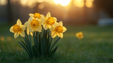 Yellow Daffodils Blooming in Sunset Grass