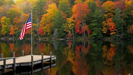 Usa Flag on dock, lake with autumn forest landscape motion picture. Reflections on water, peace nature scenery for patriotism travel, memorial day footage - Powered by Adobe