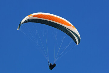 	
Paraglider flying in a blue sky	