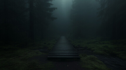 Mysterious Foggy Forest Path at Dusk