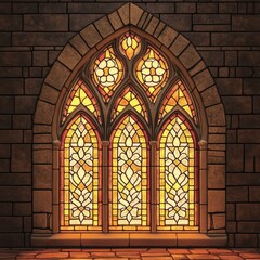 Fototapeta premium Illuminated stained glass window features elaborate details set in stone bricks