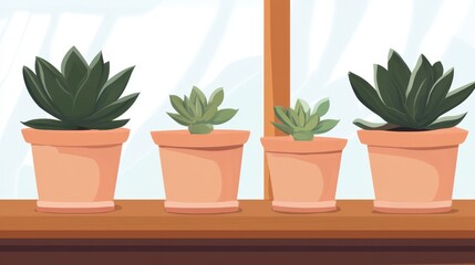 Fototapeta premium Four Potted Succulents on a Wooden Shelf, A Beautiful Home Decor Illustration