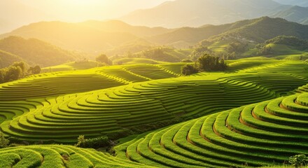 Green Rice Terraces Flowing Down Hillsides at Sunrise with Misty Mountains
