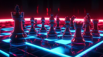 Neon Chessboard: A captivating composition showcasing a chessboard with chess pieces illuminated by vibrant neon lights, set against a moody backdrop, sparking intrigue and intellect.