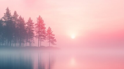 Pink Mist Sunrise over Serene Lake and Pine Trees