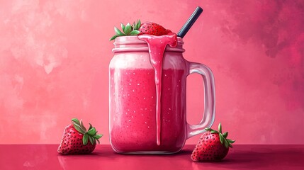 Strawberry smoothie in mason jar,  with fresh fruit and a straw, on a pink background.