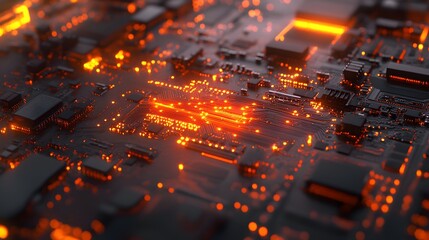 Circuit Board's Fiery Heart: A macro perspective reveals the complex interconnectedness of a circuit board, its components illuminated by an otherworldly orange glow.