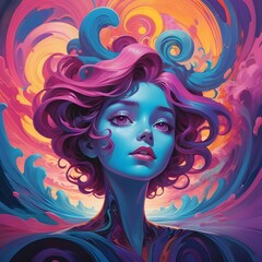 A surreal AI-generated digital painting of a stylized human whose head melts into spirals, representing the sensation of being high. Vibrant colors and fluid distortion enhance the dreamlike abstracti