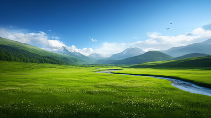 Obraz premium Serene Green Landscape with Rolling Hills and Blue Sky 
