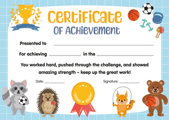Certificate of achievement in sport competition for kids, Certificate of participation, appreciation, completion. Kids sport diploma template, for sport in school preschool kindergarten, summer camp.