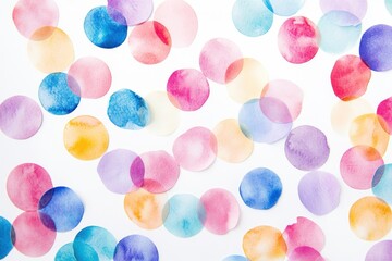Fototapeta premium Watercolor confetti dots on a white background, colorful party decoration, pastel colors Generative AI