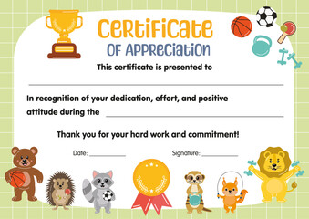 Certificate of appreciation sport competition for kids. Sport diploma template for children in school preschool kindergarten, summer camp. Certificate of participation achievement completion for kids.