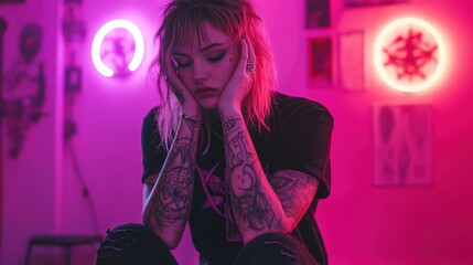 Tattooed woman in a neon-lit room with mystical symbols on the walls, exuding an edgy and alternative aesthetic