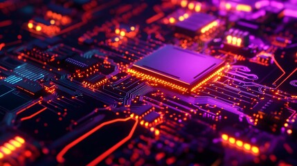 Obraz premium Circuit Board: Illuminated close-up of a high-tech circuit board showcasing the intricate details of a modern electronic device, with dynamic lines and glowing elements. 