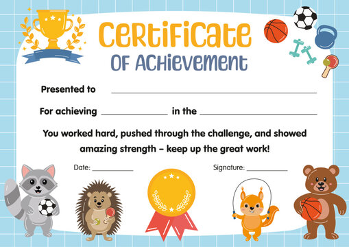 Certificate of achievement in sport competition for kids, Certificate of participation, appreciation, completion. Kids sport diploma template, for sport in school preschool kindergarten, summer camp.