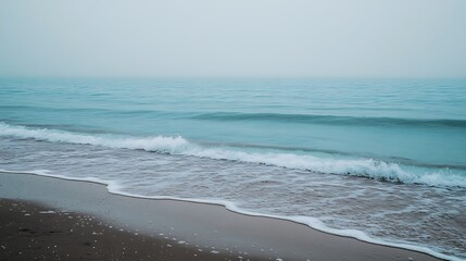 Waves crash on shore during foggy weather