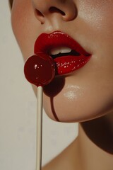 Sweet Sensation: A close-up of a person's lips, vividly painted in glossy red, engaging with a lollipop, evoking a sense of sensual delight and playful indulgence. 