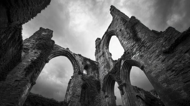 A black and white image of gothic ruins under a stormy sky, creating a dramatic and eerie atmosphere