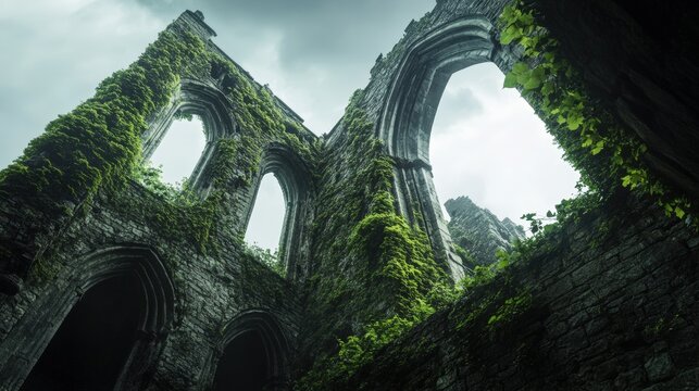Overgrown gothic ruins with ivy-covered arches bathed in soft mystical light, evoking an enchanted atmosphere