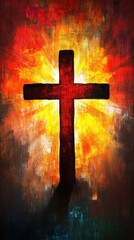 A textured painting of a radiant red cross on display