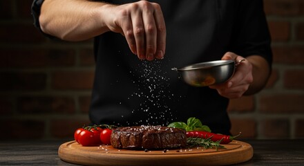 Chef seasoning steak with salt for tasty meal preparation and presentation