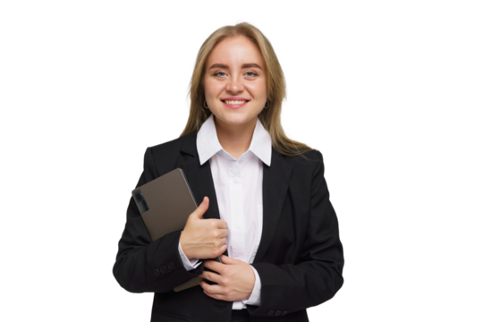 Professional woman smiling while holding a clipboard in a formal business setting