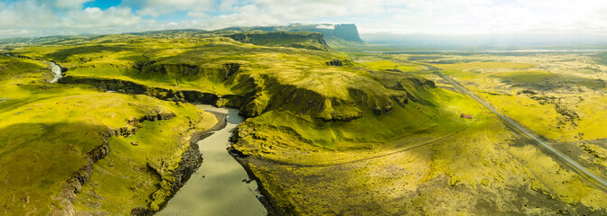 Aerial drone views of Lomagnupur Mountain in Summer, south east Iceland