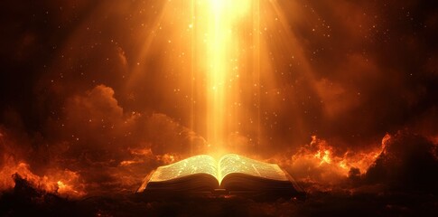 An open book illuminated by bright light in the sky