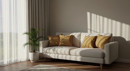 Sofa in bright living room with pillows plant curtains and sunlight