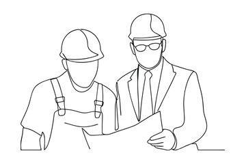 Construction Engineer and Worker Reviewing Blueprint Plans Together