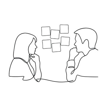 Oneline drawing of brainstorming colleagues, ideas, planning session