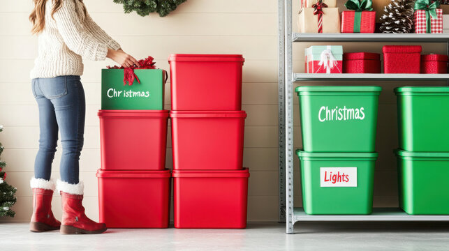 Organizing christmas decoration storage boxes in a garage for holiday preparation