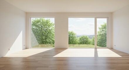 Fototapeta premium Bright empty room with hardwood floors and large windows overlooking nature