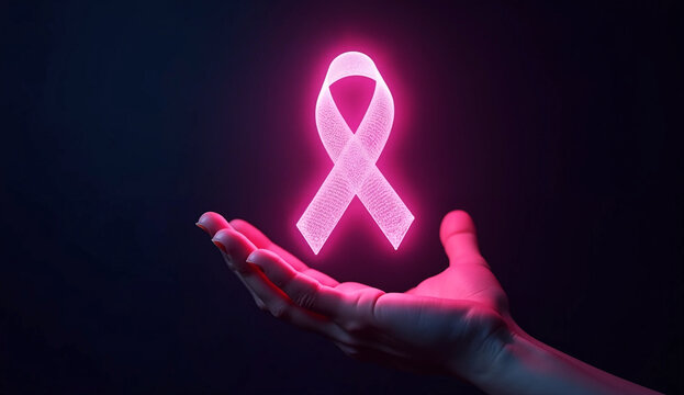 Hand holding a glowing pink ribbon symbolizing awareness, support, and hope for breast cancer - Powered by Adobe