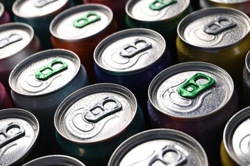 Many aluminium cans of beverage as background, closeup