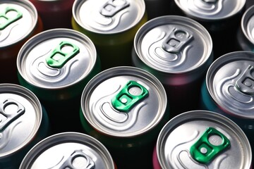 Many aluminium cans of beverage as background, closeup