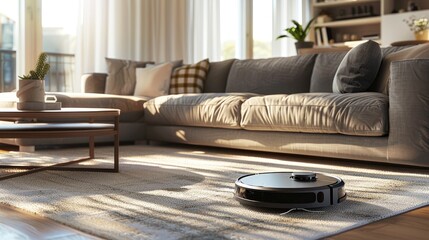 Robot vacuum cleaner in stylish living room with wooden floors, cozy sofas and minimalist decor for a modern, comfortable and elegant setting