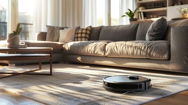 Robot vacuum cleaner in stylish living room with wooden floors, cozy sofas and minimalist decor for a modern, comfortable and elegant setting