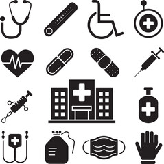 A collection of black and white medical tool icons on white background