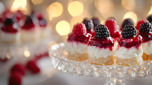 Sweet Temptations: A collection of miniature desserts, adorned with fresh berries and glossy glazes, offers an invitation to indulge in a moment of pure culinary delight.