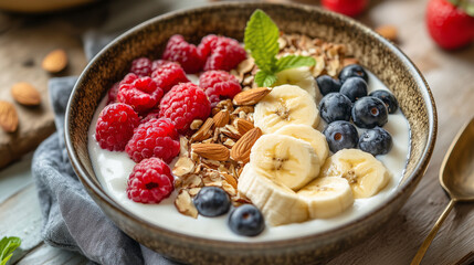 Healthy fruit and nut bowl with yogurt and granola