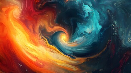 Fototapeta premium Swirling Cosmic Dance: An abstract artwork explodes with vibrant colors—fiery reds, deep blues, and warm yellows—in a mesmerizing display of movement and energy.