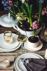 Spring elegant wedding or Easter celebration table decor. Festive white china, floral decoration with blooming bulbous hyacinth. Dark background. Springtime home gardening