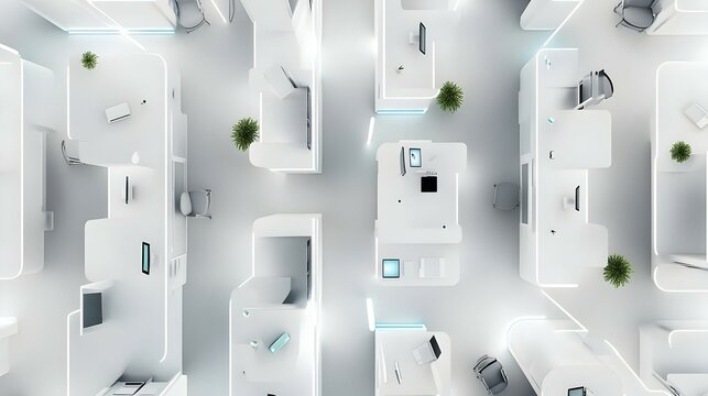 White office cubicles top view