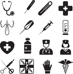 Obraz premium A collection of black and white medical tool icons on white background