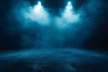 A mysterious blue smoke cloud spreading over a dark, empty surface,  soft light, creating an eerie and atmospheric abstract background.