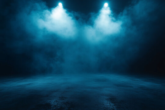 A mysterious blue smoke cloud spreading over a dark, empty surface,  soft light, creating an eerie and atmospheric abstract background.